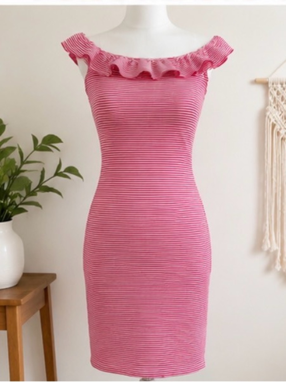Off-Shoulder Red Striped Ruffle Midi Dress woman size small
